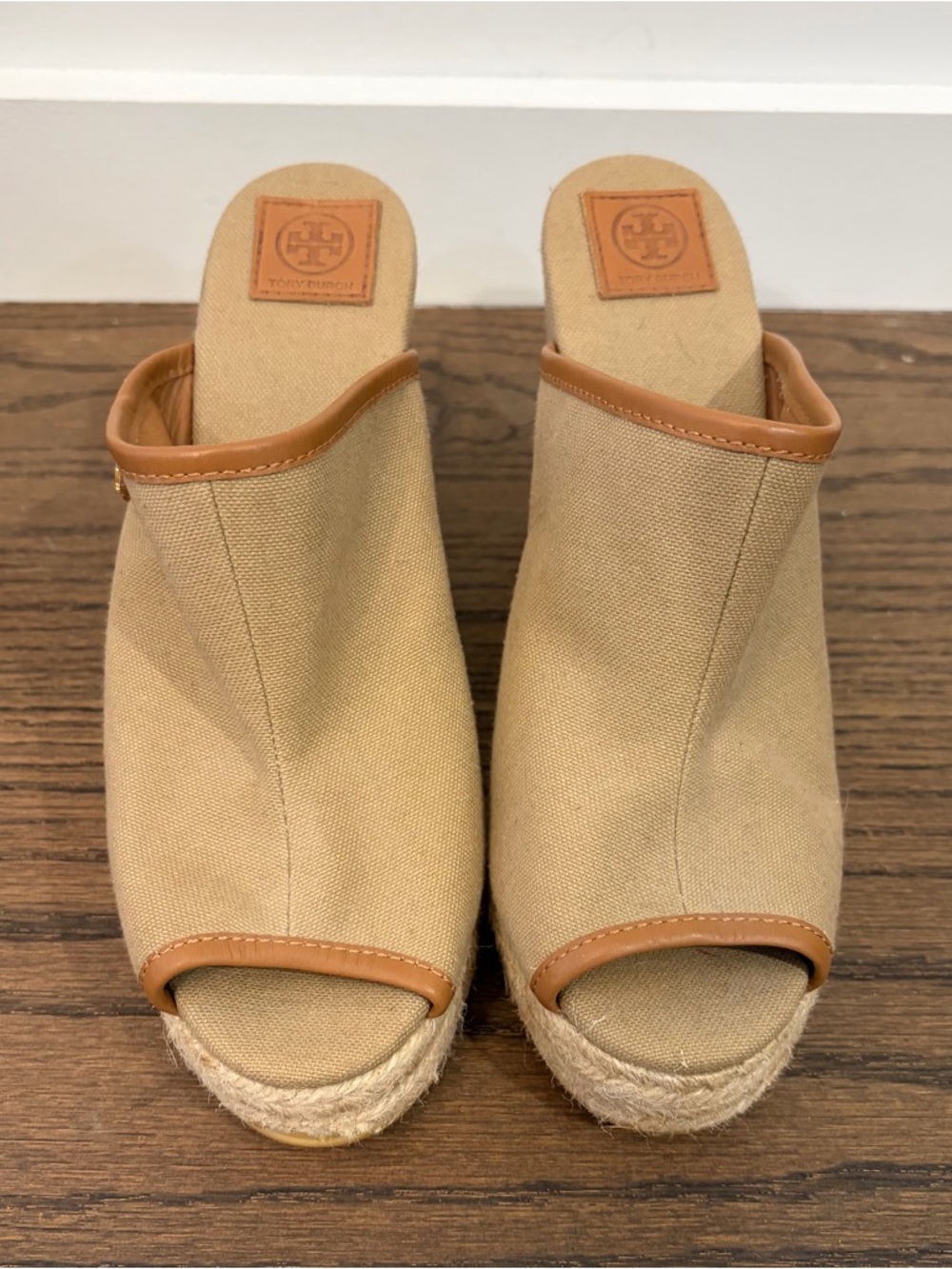 Tory Burch Beige Canvas Espadrille Mule Wedge Sandals with Leather Trim Size 7